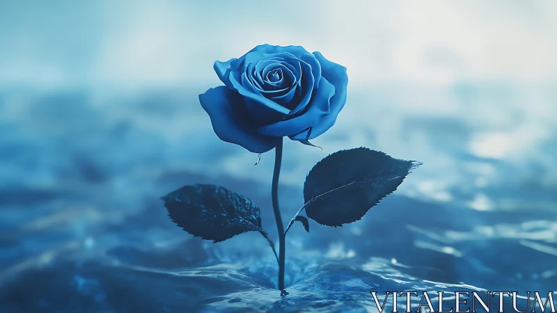 Monochromatic blue rose rendered with shallow depth and soft bokeh
