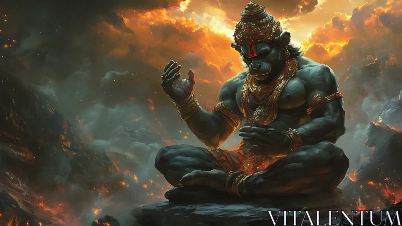 Divine simian warrior meditates amid fiery storm clouds