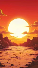 Oversized solar disc illuminates stylized canyon riverbed scene