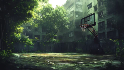 Abandoned urban basketball court lies silent under lush overgrowth
