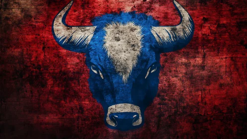 Textured blue bull emblem on distressed red grunge background