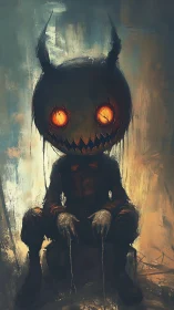 Sinister pumpkin-headed figure crouches in eerie gloom.