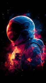 Astronaut in neon cosmic flames gazes into deep space.
