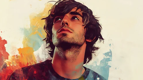 Expressive digital portrait of young man amid abstract color fields