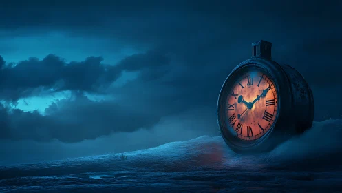 Large glowing clock buried in snow under storm clouds.