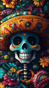 Sugar skull skeleton with floral hat fills vertical frame
