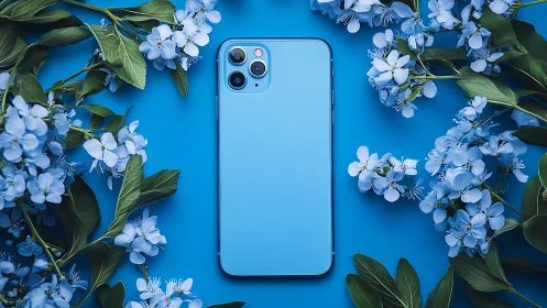 Light blue smartphone surrounded by delicate blue floral specimens.