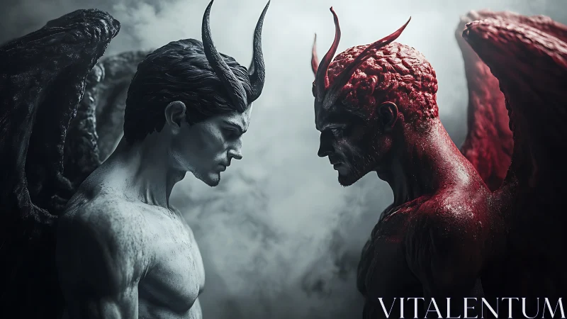 Horned angel and demon confront each other in smoky tension