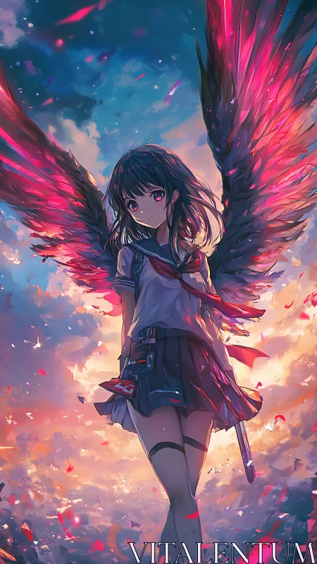 Winged anime girl in twilight sky with glowing feathers.