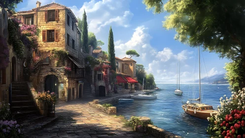 Mediterranean Coastal Village with Sailboats and Stone Architecture.