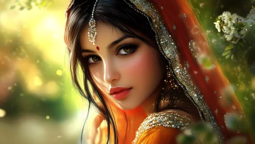 Sunlit bridal gaze wrapped in ember silk and quiet gold.