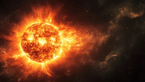 Laughing star erupts in molten flares across silent cosmos.