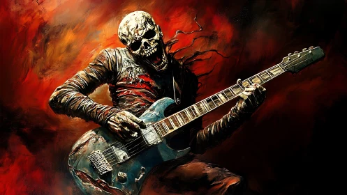 Skeletal rock guitarist in fiery red abstract background.