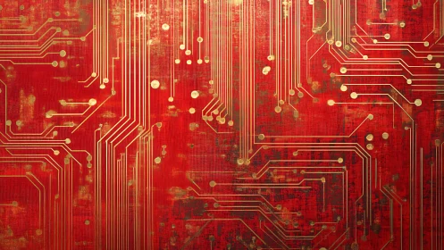 Golden circuit lines glow over a distressed red tech backdrop