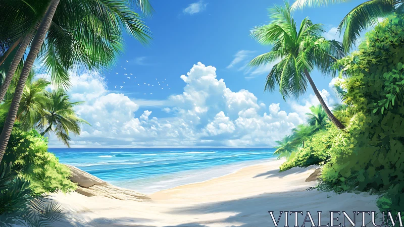 Tropical Beach Cove Bordered by Palm Trees and Luminous Sky