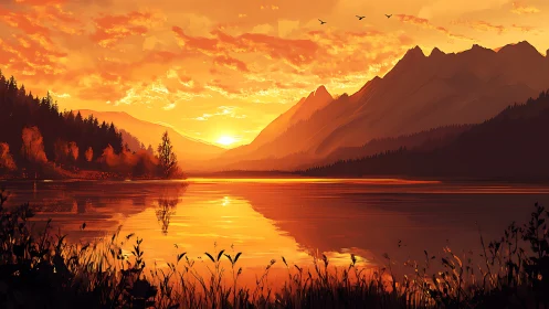 Sunset lake reflects blazing mountains in warm golden light.