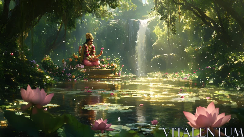 Lotus goddess dreaming in a sunlit waterfall sanctuary.