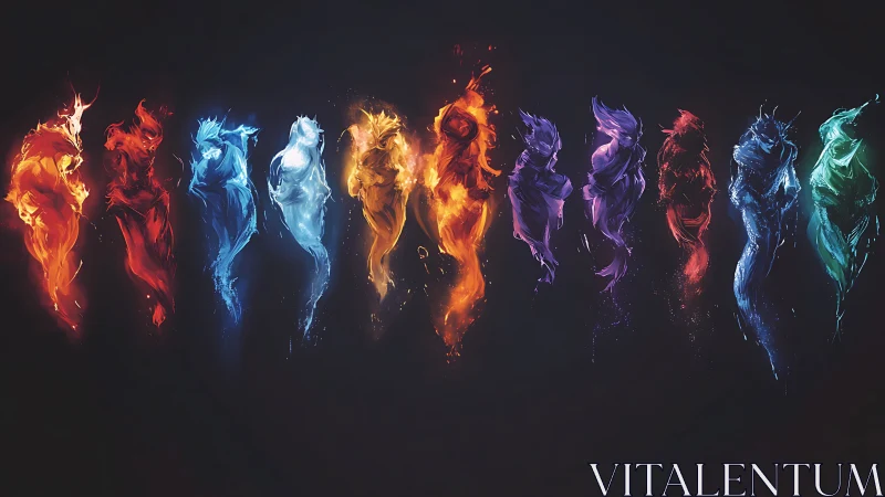 Elemental spectral figures in flowing neon fire forms.