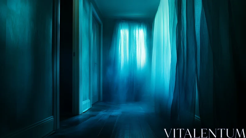 Ghostly blue hallway shrouded in mist and sheer curtains.