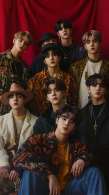 Fashion-forward boy band poses in rich patterned layers.
