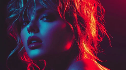 Neon-lit portrait captures sultry gaze in electric contrast