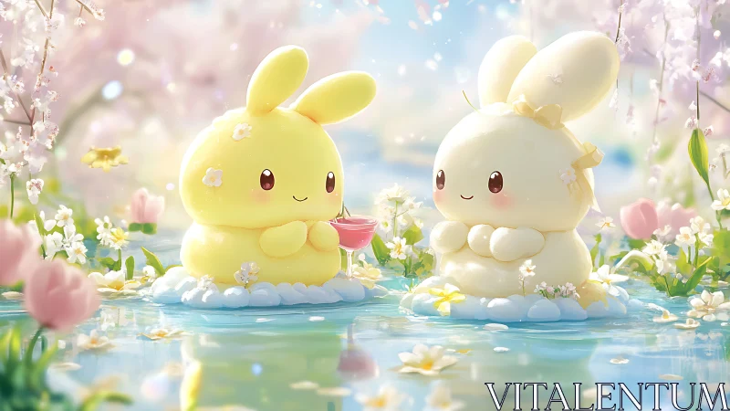 Soft pastel bunnies sharing a drink on a spring pond.
