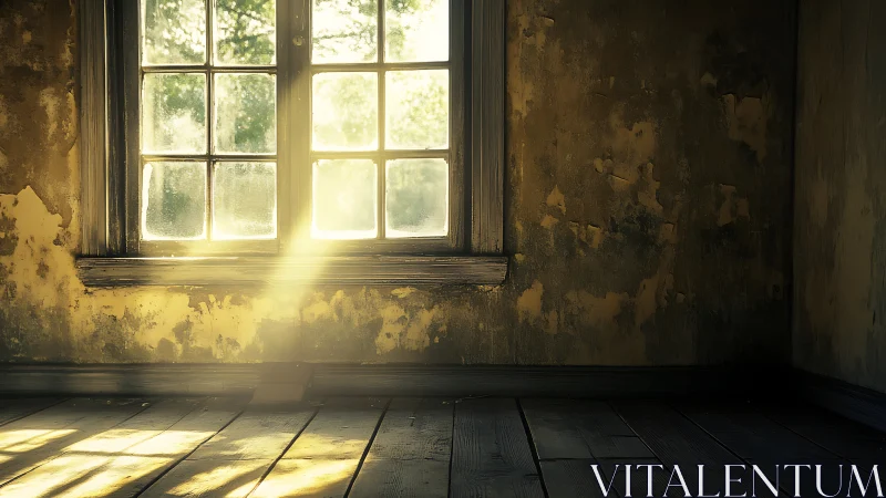 Sunlit dust beams traverse an abandoned, decaying interior