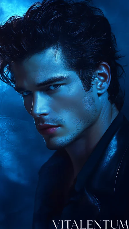 Moody blue portrait of intense young man in leather jacket.