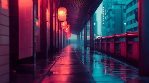 Neon lit rainy corridor with Japanese lanterns at dusk