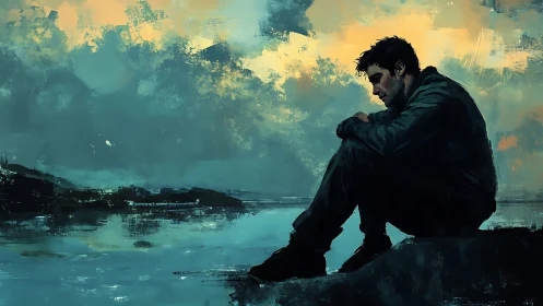 Melancholic shoreline figure in expressive digital painting style.