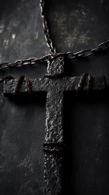 Corroded metal cross pendant bound with rusted wire and chain