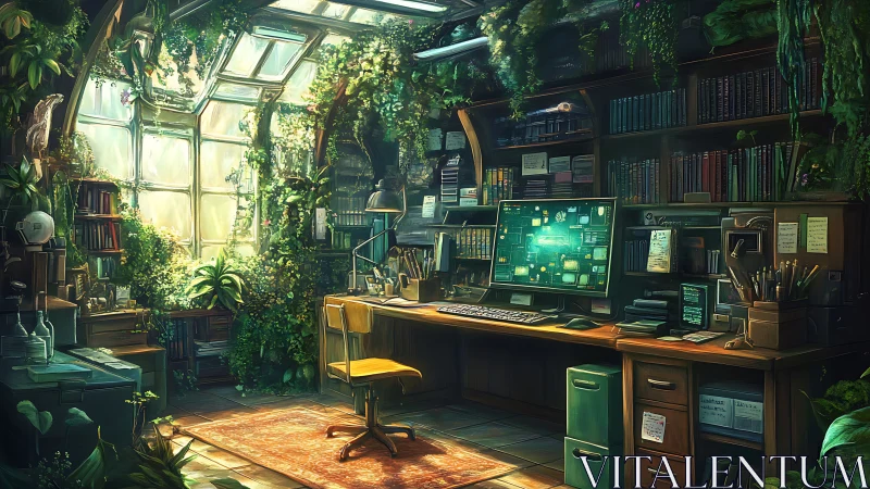 Sunlit botanical study merges cozy library and digital workspace