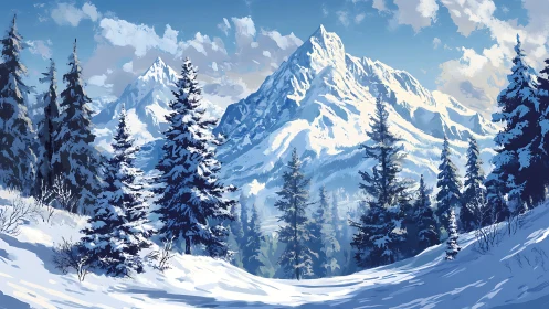 Snow-covered conifer forest beneath high alpine peaks.