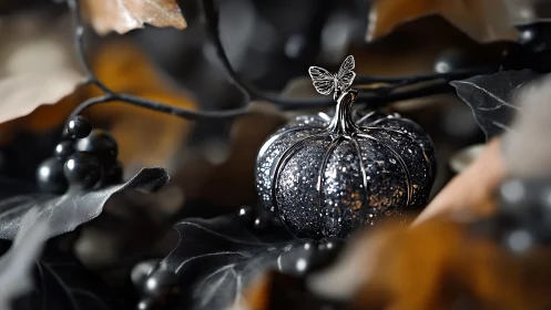 Midnight glitter pumpkin crowned by a silver whispering butterfly.
