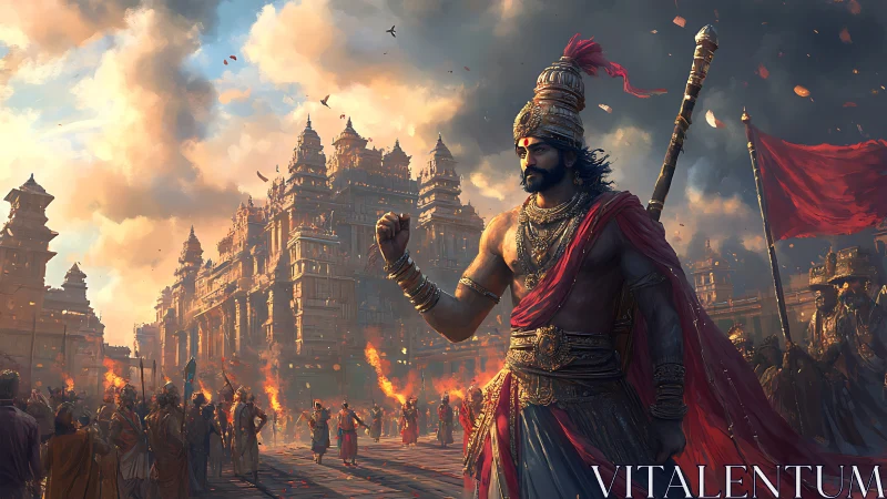 Ancient warrior leader stands before burning temple city