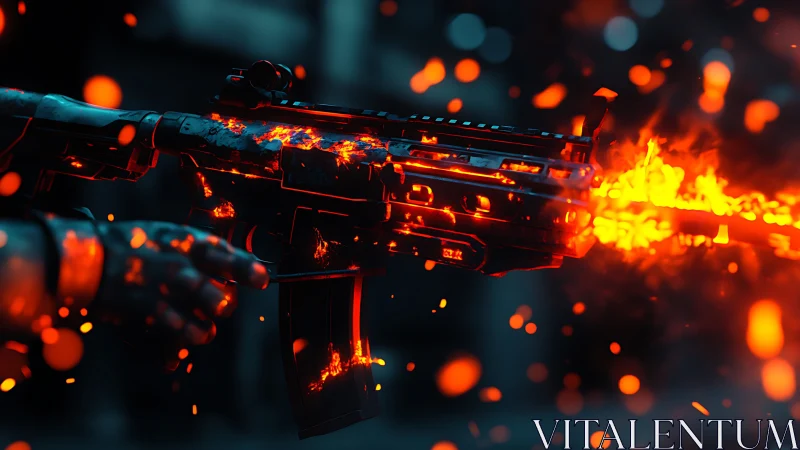 Assault Rifle Engulfed in Amber Flame and Explosive Particles