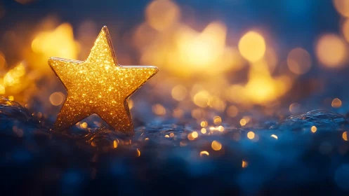 Glittering star ornament in shallow focus bokeh scene.