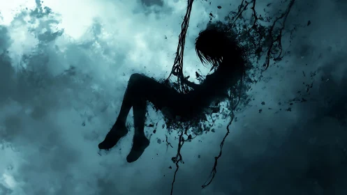 Shadowed figure dissolving in stormy abstract sky.