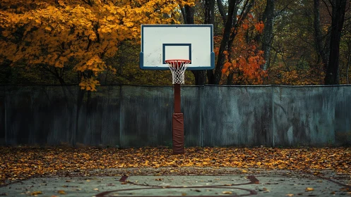 Photorealistic autumn basketball hoop with centered framing.