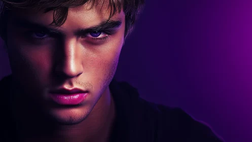 Intense male portrait in bold purple studio lighting.