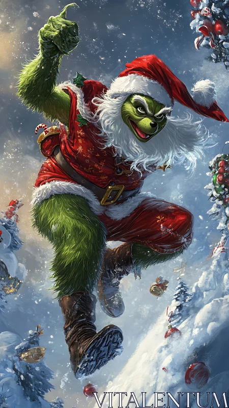 Mischievous green Santa leaping through a swirling snowstorm.