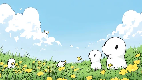 Tiny cloudwalkers trade dandelion secrets beneath bright skies