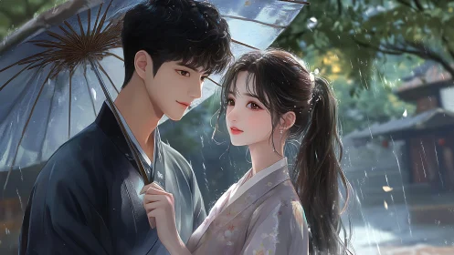 Two Figures Sheltering Under Umbrella in Rain.