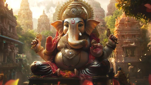 Majestic Ganesha idol rendered in ornate temple environment