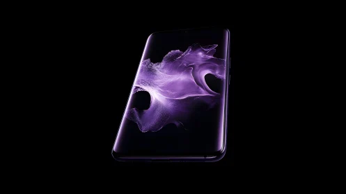 Sleek modern smartphone with digital purple wave on black background.