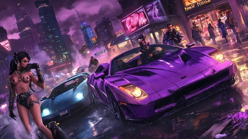Cyberpunk street with purple supercar and night city chaos.