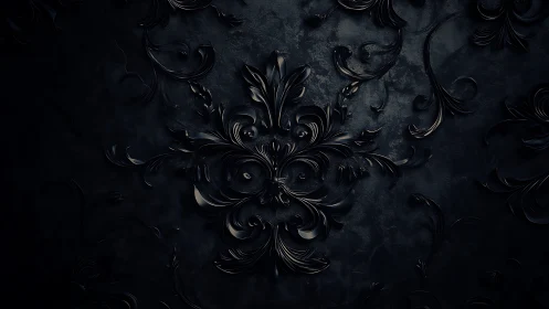 Ornate black baroque floral relief with glossy low-key lighting