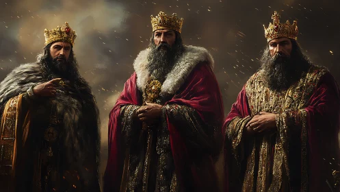 Regal triad of crowned kings in ornate velvet and gold robes.