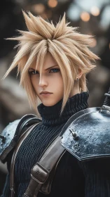 Stoic anime warrior stands poised in reflective armor