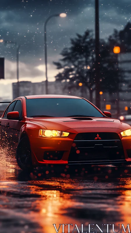 Midnight rain drive with a glowing red city street racer.